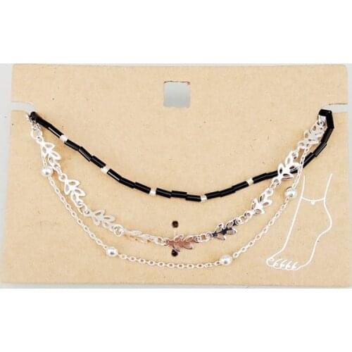 Newest Fashion Bohemian Multi Layers Silver Color Leaves Chain Anklet Artificial Pearl Black Rope Foot Chain Jewelry Party Gifts