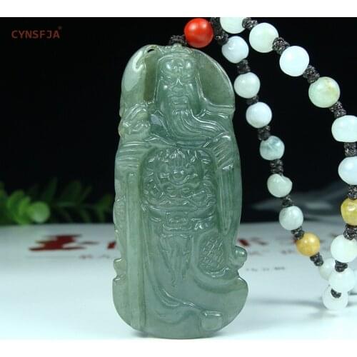 CYNSFJA New Real Rare Certified Natural A Grade Burmese Jadeite Amulets Guangong Green Ice Jade Pendant Hand Carved Best Gifts