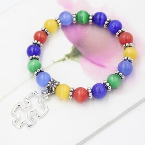 New Arrival Puzzle Autism Awareness Bracelet 10mm Opal Beaded Bracelet with Puzzle Autism Charm Bracelet Jewelry Pulser