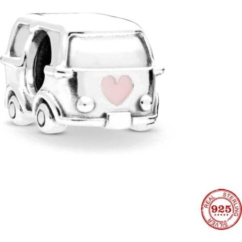 New Original Silver Color Pink Bus Diy Bead Fit European Pandora Charms Bracelet Bangles Diy Jewelry P125