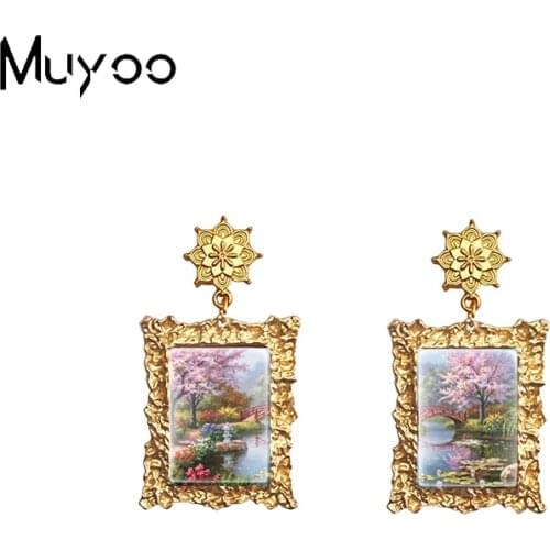 New Vintage Drop Earrings Vintage Famous Scenery Oil Paintings Handcraft Retro Mandala Jewelry Rectangle Glass Cabochon Dangles