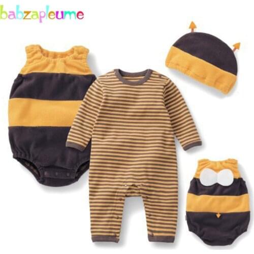 3PCS/0-18Months/Spring Autumn Newborn Baby Girls Boys Clothes Cartoon Cute Bee Bodysuit+Rompers+Hats Infant Clothing Sets BC1042
