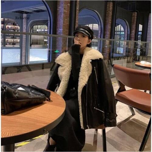 Autumn Winter Temperament Turn Down Collar coats Zipper With Belt Vintage Women Loose Lamb Hair PU Fur Thick Outwears