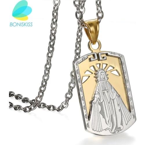 Boniskiss Gold/Silver Color Stainless Steel Catholic Religious Virgin Pendant Dog Tag Necklace Prayer Christian Jewelry Gifts