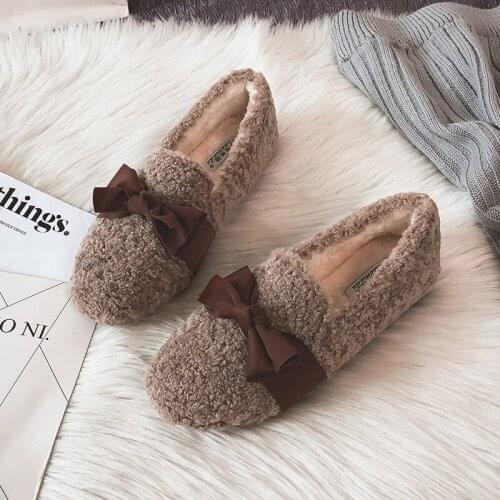 Wool Fur Flats Loafers Woman Winter Round Toe Shoes Bow-knot Slip on Shoes Shallow Furry Slides Oversized Casual Zapatos Mujer