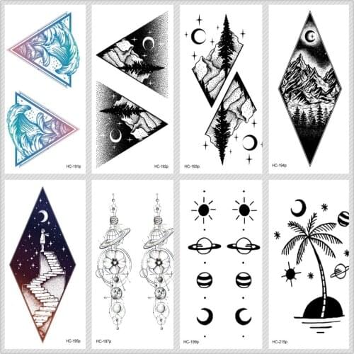 Rocooart Moon Mountain Temporary Tattoo Stickers Ecology Fake Tattoo Planet Tatuajes Ocean Taty Coconut Tree Waterproof Tatouage