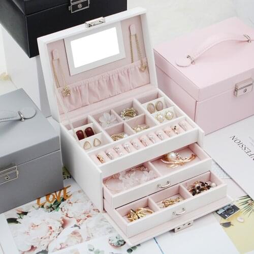 Mirrored Jewelry Box Organizer Premium PU Leather Storage Case Earrings Rings Necklace Display Holder Women Girls Gift with Lock