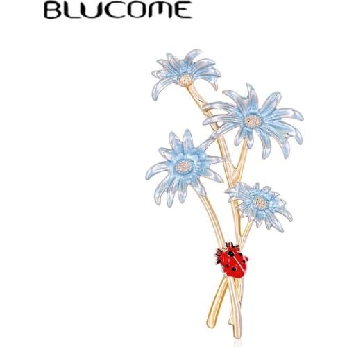 Blucome New Arrival Enamel Blue Flower Brooches For Women Animal Ladybug Insect Plant Brooch Suit Lapel Pins Jewelry