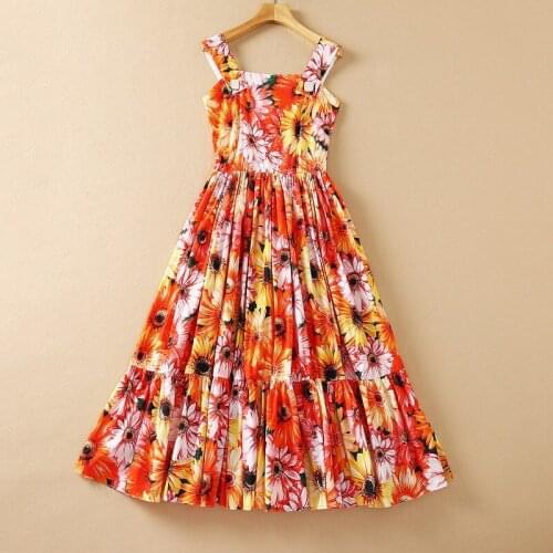 European and American womens wear for summer 2021 Condole belt Fashion cotton chrysanthemum print pleated dress