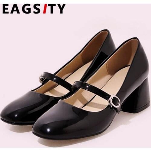 EAGSITY Patent leather Mary Jane shoes women block heel buckle strap sexy ladies dress pumps fashion party wedding shoes wedges