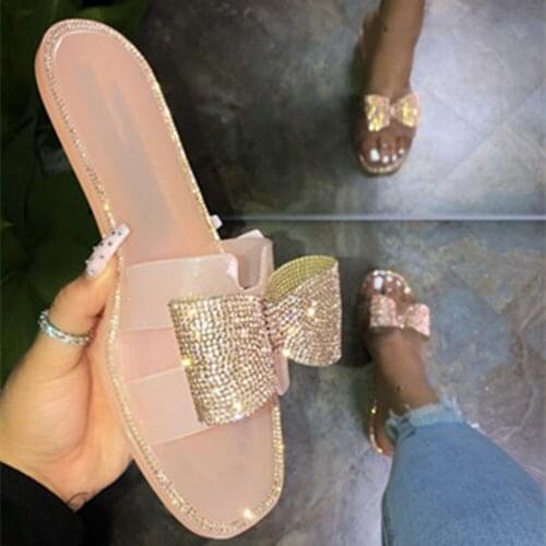 Termainoov Women Flats Jelly Shoes Butterfly Knot Rhinestones Beach Shoe Women Sliders Flips Flop Comfort Slippers