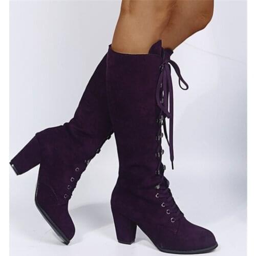 35-43 Spring Autumn New Fashion Purple Faux Suede Women Knee-High Long Boots Sexy Slim Cross-Tied Round Toe Square Heel Shoes