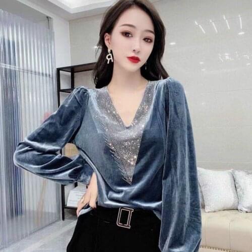 2021 Spring New Women Sexy V-neck Gold Velvet top Elegant Blue Long Sleeve Wild Basic Shirts Vintage Casual Ladies Top Y131