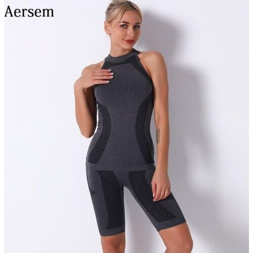 Aersem Knitting Sports Set Women Seamless Crop Top+Shorts Workout Clothes Sleeveless Striped Indoor Yoga Suit for Female Running