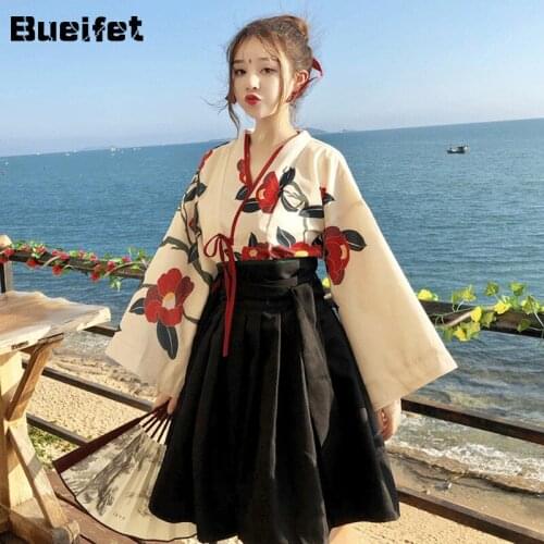 Woman Kimono Dress Japanese Style Retro Kimono Floral Party Dress Summer Fashion Kimono Outfits Girls Yukata Top and Skirt