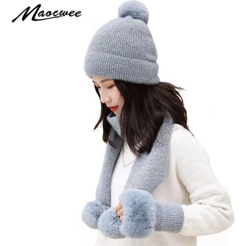 Winter Knitted Beanies Hats Women Thick Warm Pompom Skullies Hat Female Knit Letter Bonnet Gloves Caps Outdoor Riding Sets