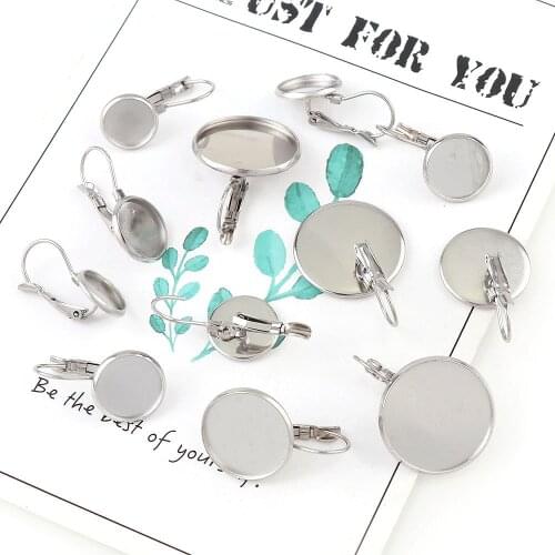 10/12/16/20mm Steel Color 10pc Stainless Steel French Lever Cabochon Earring Setting Blank Earring Base Cameo Tray DIY Jewelry