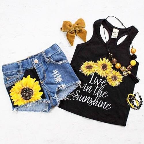 2Pcs/Set Fashion Toddler Kids Baby Girl Sleeveless T-Shirt Top+Floral Denim Shorts Outfits
