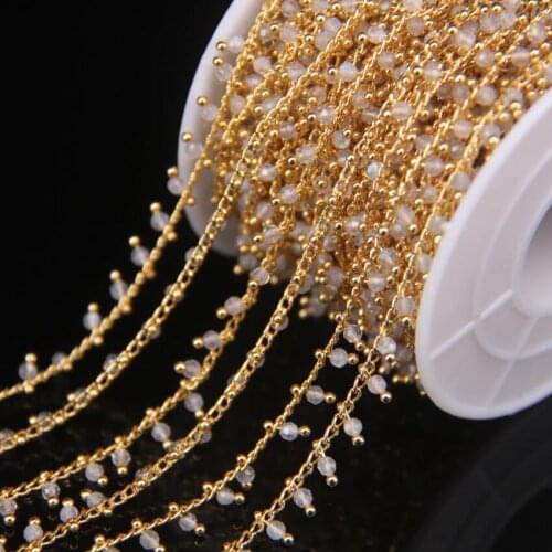 5Meter 2mm Faceted Moonstone Rosary Chain,Labradorite Round Beads With Gold Color Wire Wrapped Chain DIY Bracelet Sweater Chains