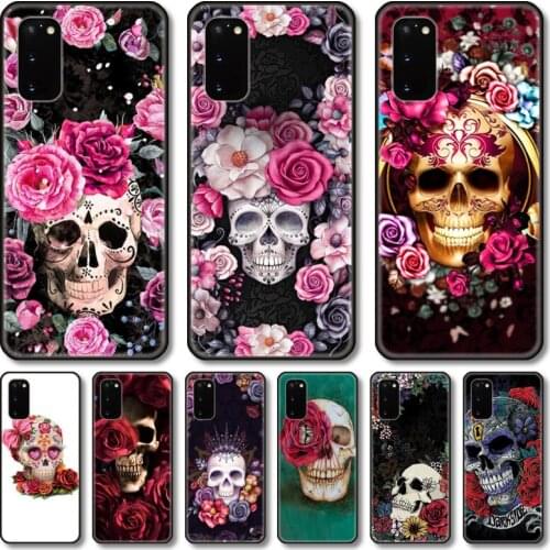 Flowers skull Phone Case For Samsung Galaxy Note S21 20 10 9 E Lite UW Ultra 5G PRO Black Shell Cover