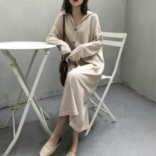 GOOHOJIO New 2020 Women Dresses Autumn Winter Single Breated Casual Straight Turn-down Collar Asymmetric Loose Clothes One Size