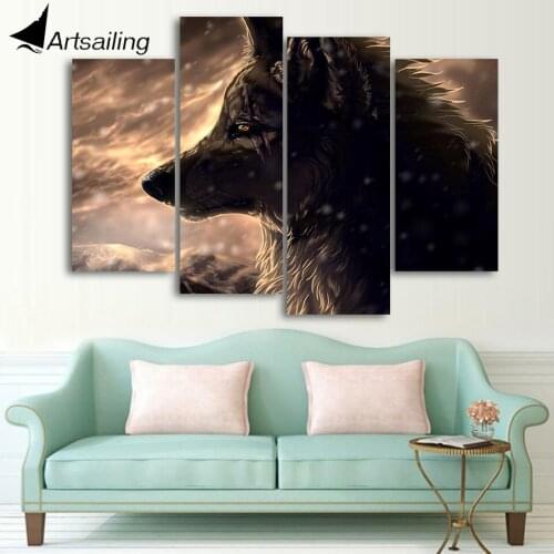 HD Printed canvas painting 4 piece black hunting wolf animal canvas prints picture posters and prints Free shipping/CU-1412B
