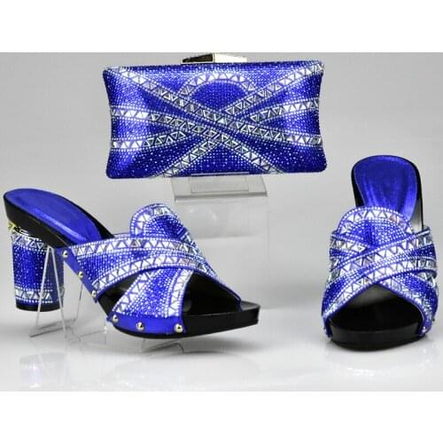 Royal Blue Color Matching Shoe and Bag Set Decorated with Rhinestone Nigerian Shoe and Bag Set for Women Ladies Shoe and Bag Set