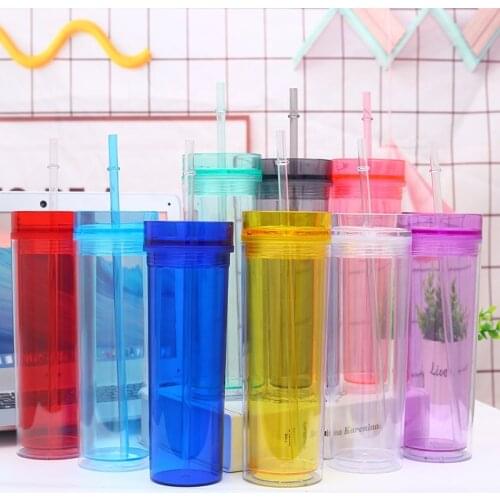 Creative Acrylic 16oz Skinny Tumbler With Lid And Straw Plastic Colorful Tumbler Cups Insulated Plastic Water Bottle For Party