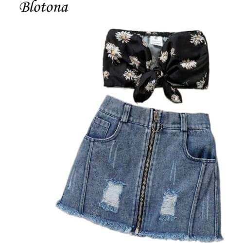 Blotona Little Girls Stylish 2Pcs Summer Outfit, Floral Print Knotted Sleeveless Crop Top+Zipper Ripped Denim Skirt Set 1-6Years