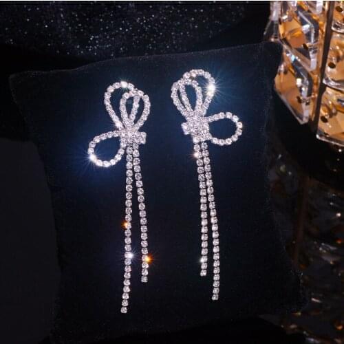 Sweet Cute Shine Full Rhinestone Bow Earrings for Women Long Tassel Crystal Drop Dangle Earrings Weddings Jewelry Accessories