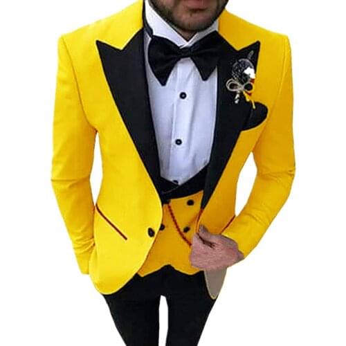 Brand New Men Suits Yellow and Black Groom Tuxedos Peak Lapel Groomsmen 3 Pieces ( Jacket + Pants + Vest + Bow Tie ) D274