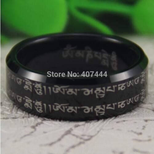 Free Shipping YGK JEWELRY Hot Sale 8MM Black Bevel Tibetan Buddhism Om-mani-peme-hung Mens Tungsten Wedding Ring