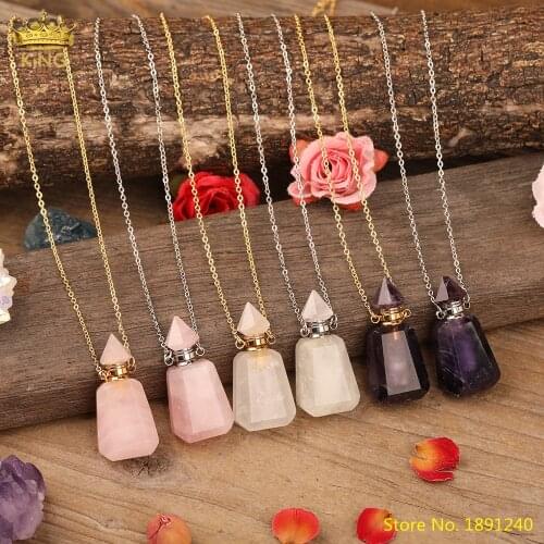Faceted Natural Stone Perfume Bottle Pendant For Women Roses Quartz White Jades Essential Oil Diffuser Vials Necklace Findings