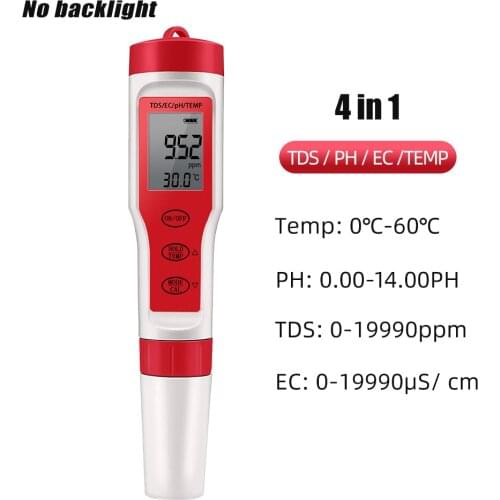 Professional Digital Water Tester 4 in 1/3 in 1 Test EC/TDS/PH/TEMP Water Quality Monitor Tester Kit for Pools Drinking Water