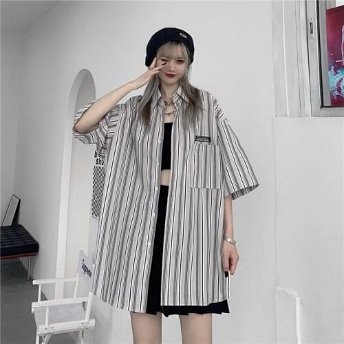Japanese Striped Vintage Shirts For Women Punk Summer Short Sleeve Buttons Casual Loose Blusas Female Streetwear Chic Shirt Tops