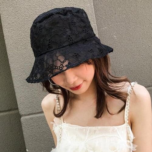 Hats For Women Summer Uv Protection Solid Color Lace Flower Anti-UV Foldable Fisherman Hat Sun Prevent Bucket Caps