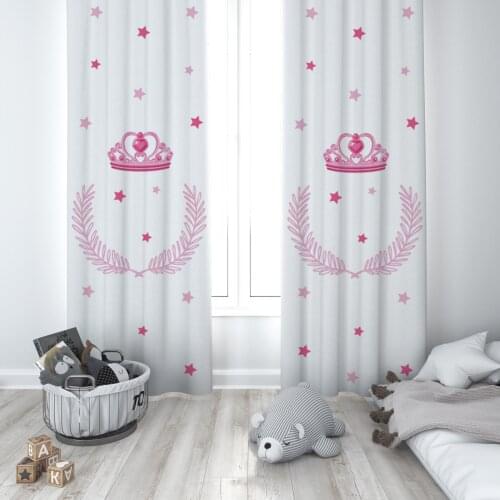 Curtains Children 3D Printed Decorative Items Home Childrens Room Pink Crowns White Star Model 063