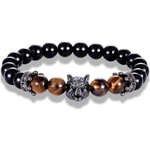 Vintage Animal Style Green Eye Wolf Head Bracelet Zircon Natural Stone Bracelet For Man Jewelry Gifts