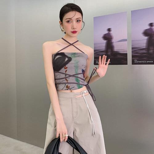 Y2K Printed Cross Bandage Camis Women Sexy Party Backless Tube Tops Womans Inner Wear Design Sense Outerwear