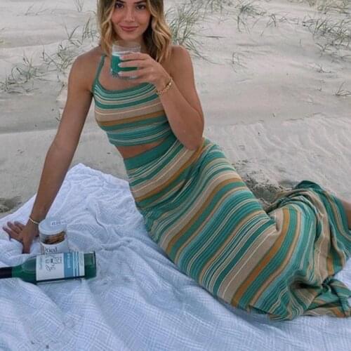 Beach Style Knitted Striped Long Skirt Women Summer Vacation Backless Sleeveless Crop Halter Top Y2K Sexy Green High Waist Skirt
