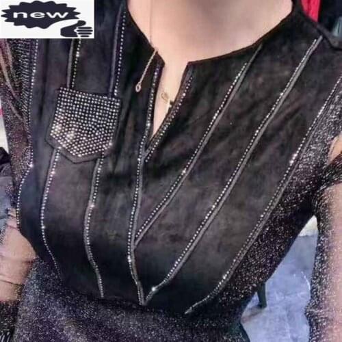 Women Nightclub Black Perspective Sexy T-Shirts Slim Fit Diamonds Patchwork Female Fashion Tops Plus Size 6XL Long Sleeve Tees