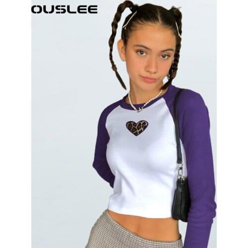 OUSLEE Y2k Aesthetic Top Leopard Print Heart T-shirt Women Long Sleeve Raglan Short Tops Female Clothes Vintage Tee Shirts Femme