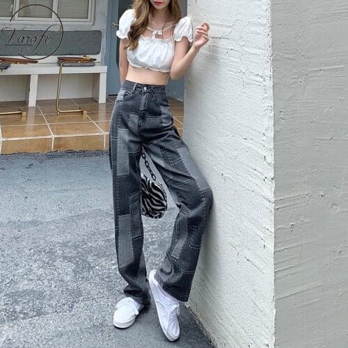 Varofi Floor - length jeans women high - waisted large straight leg loose pants Mosaic plaid jeans women vintage streetwear