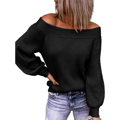 Women Casual Solid Loose Slash Collar Long Lantern Sleeve Sweater Pollover Autumn And Winter 2021 New Office Lady Pollover