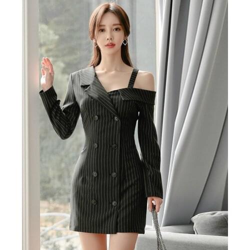 Brand Designer Runway Dress 2020 New Off-shoulder Print Strip Korean Fall Dress Women Black Winter Dress Plus Size Vestiti Donna