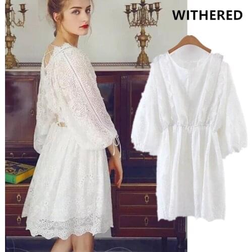 Jenny&Dave summer dress vestidos vintage white batwing sleeve lace hollow out on back collect waist party dress women plus size