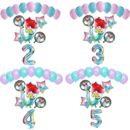 14pcs Cartoon Mermaid Ariel Disney Princess 32inch Number Foil Balloons Baby Girl Birthday Party Decorations Kids Latex Balls