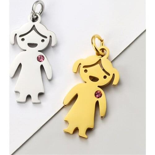 2PCS Couples Charms Zircon Stainless Steel Gold Color Cartoons Boy Girls Pendant CZ Earrings Necklace DIY Bracelet Keychain