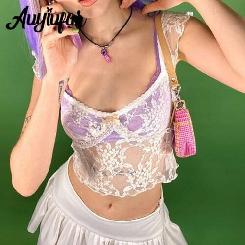 Auyiufar E-girl Fairy Grunge Lace Blouses See Through Frilltrim Elfcore Cropped Tops Retro Cute Short Sleeve T Shirts For Girl