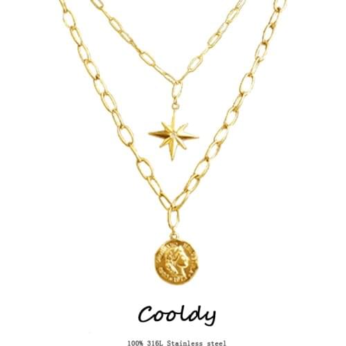 Colar de cadeado com pingente de moeda, colar grosso, cruz de aço inoxidável, colar longo de corrente de ouro para amigos